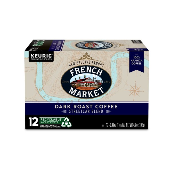 French Market Coffee, St. Charles Blend, Single Serve Coffee K Cup Pods, Dark Roast, 12 Count Box (Pack Of 6)