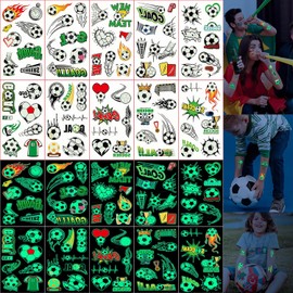 10 hojas de tatuajes temporales de fútbol que brillan en la oscuridad para adultos, decoraciones luminosas para fiestas de cumpleaños con temática de balón de fútbol, pegatinas de tatuajes d