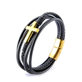 COLORFUL BLING Multi-strand Braided Leather Stainless Steel Cross Cuff Bangle Men Religious Clasp Faith Bracelet Wristband Jewelry-gold