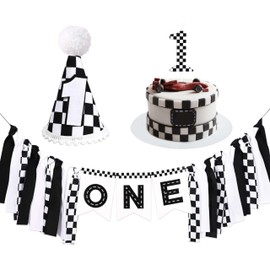 Race Car Birthday Highchair Banner Hat Checkered Candle One Birthday Highchair Photo Prop for Racing Theme Party Decorations (Car)