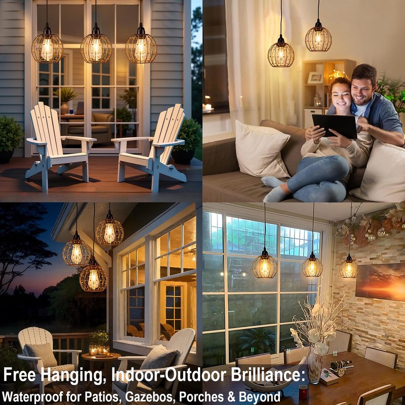 Hanging Pendant Lights, Battery Operated Outdoor Chandelier with Warm White