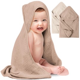 Konssy 2 Pack Muslin Hooded Baby Towels for Newborn Soft 100% Cotton Baby Bath Towel with Hood for Baby, Infant Ultra Absorbent, Baby Stuff Baby Bath Shower Gifts (Cream, Camel,30" x 30")