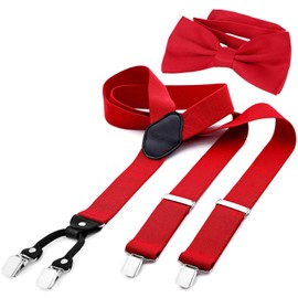 DonDon Men's 3.5 cm Wide Trouser Braces In Y-Shape, Elastic and Adjustable 2-Piece Set with Matching-Colour Bow-Tie 12 x 6 cm - red
