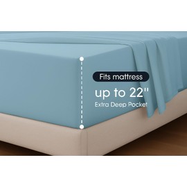 Extra Deep Sheets-Cotton Bed Sheets - 100% Cotton - 22 Inch Extra deep Pocket Fitted Sheet with Elastic All Around (4 Pcs Sheet Set) - (Light Blue Solid - Queen Size)