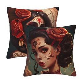 Set of 2 Day of The Dead Skull Throw Pillow Cover 18x18 Inch for Couch Pillows for Mexican Dia De Los Muertos Decoration