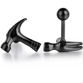 Feilok 6pcs Stainless Steel Small Hammer Stud Earrings Screw Back for Men Boys 3 Colors Black Silver Gold, 3 Pairs