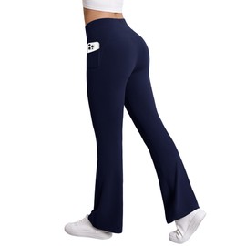 DLOODA Womens Yoga Pants with Pockets High Waisted Flare Leggings Bell Bottom Tummy Control Workout Bootcut Leggings Navy Blue