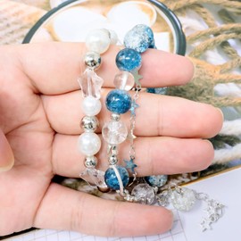 yueton 2 Pack Y2K Imitation Pearls Star Double Layer Chain Bracelet Blue Glass Beads Bracelet Friendship Jewelry for Women