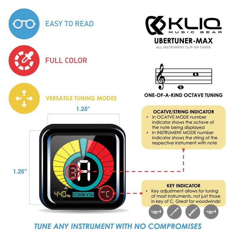 KLIQ UberTuner-Max, USB-Rechargeable Clip-On Tuner for Guitar, Bass, Violin, Ukulele