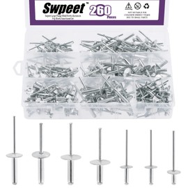 Swpeet 260Pcs 7 Sizes 3/16" 1/8" 5/32" - M3.2/4/4.8 Large Flange Aluminum Blind Rivets Assortment Kit, Silver Pop Rivets Open End Type Pop Rivet for Indoor and Outdoor Use