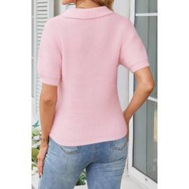 Cakulo Womens Fuzzy Cropped Short Sleeve V Neck Fall Sweaters 2025 Polo Collared Knit Pullover Sweater Light Pink S