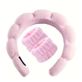 Spa headband and wristband set for face washing spa skincare hairband shower care and hair accessories fashion women kids sponge & terry towel cloth fabric skincare, make up removal, face mask in pink
