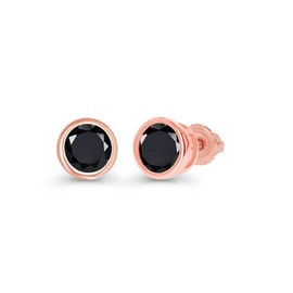 Rose Gold Plated 925 Sterling Silver 4mm Round Bezel Set Natural Black Onyx Birthstone Screwback Stud Earrings