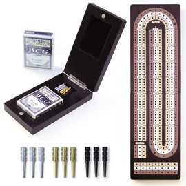 Cribbage Board Game Set - Wooden Foldable 3-Track Board with Magnetic Closure, 9 Metal Pegs, Playing Cards, Portable Family Travel Game for Gatherings and Gifts