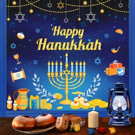 Whaline 6 Sheets Hanukkah Window Clings Foil Blue-Gold Menorah Hexagram Star Reusable Window Decals for Home School Office Chanukah Party Decor