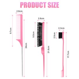 AOOWU 3 Pcs Slick Brush Set, Volume Creating Teasing Brush Set, Hair Styling Comb Set Include Bristle Hair Brush Double Sided Edge Brush Rat Tail Comb for Women Kids Edge Back Hair Smoothing (Pink)