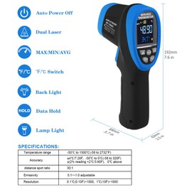 Infrared Thermometer AP-1500C Color LCD High Temp Thermometer Pyrometer IR Temperature Gun -58℉- 2732℉ (-50℃ to 1500℃),30:1 Distance Spot Ratio,Dual Laser and Flashlight（NOT for Human）
