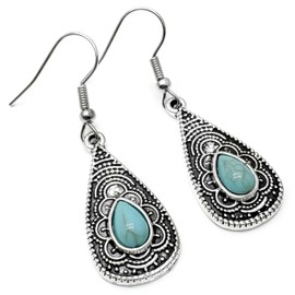 Turquoise Tear Drop Earrings, Tibetan Silver Charms with Blue Resin Stone on Nickel Free Hooks : 44mm long, Boho Chic Charm Earrings, Retro Jewellery Gift for Women