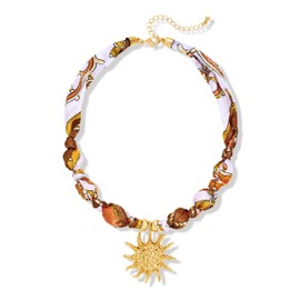 FAUTHENTICUTE Large Gold Sun Pendant Necklace For Women Boho Silk Scarf Statement Necklace Adjustable Choker Necklaces Perfect for Beach Summer Mothers Day Gifts