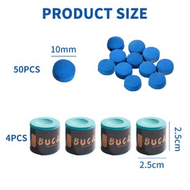 50 Pcs Billiard Cue Replacement Tip, 10mm Blue Snooker Cue Replacement Tips, Glue on Tips Pool Cue, Pool Cue Tip, Billiard Tips, with 4 Snooker Chalks, Wear Resistant, for Pool Cues and Snooker