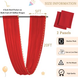 MODFUNS Red Ceiling Drapes for Parties Wedding Ceiling Drapery 2 Panels 5x20FT Chiffon Curtain for Backdrop Wedding Arch Draping Fabric for Ceremony Arbor Ceiling Curtains for Hall Stage Decorations