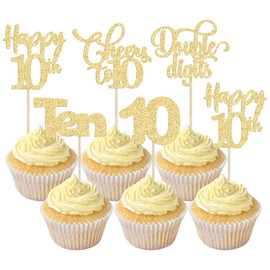 Paquete de 30 adornos para magdalenas de feliz décimo cumpleaños con purpurina dorada para cumpleaños de 10 años para decoraciones de tartas de décimo cumpleaños