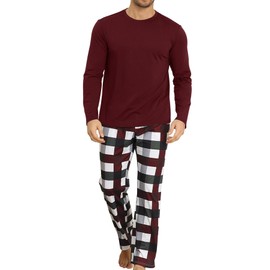 KUYIGO 2 Piece Pajamas Set for Men Plaid Sleepwear Loungewear Relaxed Fit Nightwear PJ Sets Wine Red M