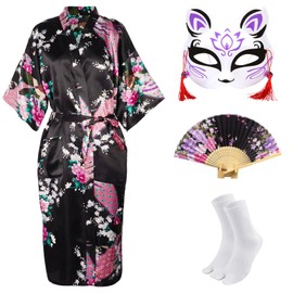 CRFASIBE Japanese Kimono Robe for Women, Traditional Japanese Party Costume, Long Peacock Robe, Kimono Mask, Hand Fan Socks Set, black