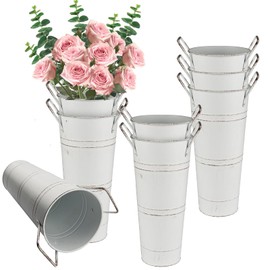 Triforde Galvanized Metal Vases,Farmhouse French Flower Bucket Vases with Handles, for Cut Flower, for Home Decor，Garden,Balcony, Wedding,Home, Housewarming Party Decoration (White Set of 8)