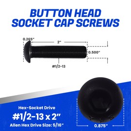 Fastenere Button Head Socket Cap Screws - 1/2-13 x 2 (10-Pcs) Alloy Steel, Fully Threaded, Fine Black Oxide Finish, Corrosion-Resistant, Machine Thread, Easy to Install w/Allen Hex Drive