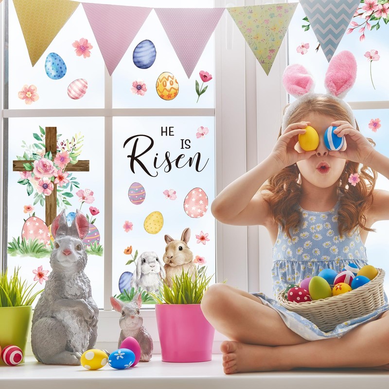 JarThenaAMCS Easter He is Risen Window Clings Bunny Egg Floral