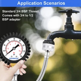 Uharbour Pressure Gauge Water Pressure Gauge 0-11 Bar with 160 Psi Dual Scale 3/4BSP to 1/2BSP, Button Mount, Water Pressure Gauge with Rubber Protection, Durable Brass Thread