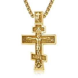 KATHLU 14K Orthodox Eastern Crucifix 925 Sterling Silver Cross Jesus Christ INRI Pendant Necklace for Men Women Medal Christian Religious Necklaces for Mens Fathers