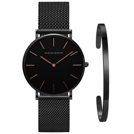 Kubagom Women's Watches Analogue Quartz Stainless Steel Waterproof Mesh Ultra Thin Set with Bangle, Black surface, black bracelet, black bangle 2