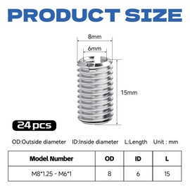 Jyvex Thread Insert M8 to M6 x 15 mm, Pack of 24 Thread Adapters M8 M6, Stainless Steel Threaded Sleeve, Adapter for Screw Connections, Reducing Sleeve M8 to M6 Adapter, Repair, Assembly