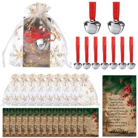 Sleigh Bell Gift Set Christmas Sleigh Bell with Red Ribbon Christmas Cards Snowflake Organza Bags Believe Bell Ornament for Xmas Holiday Party Home Gift Decorations (50 Sets)