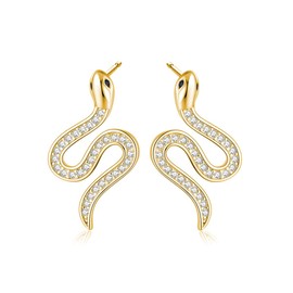 SLUYNZ Sterling Silver CZ Punk Snake Stud Earrings for Women Snake Stud Earrings Drop Men Earrings (B-Gold)