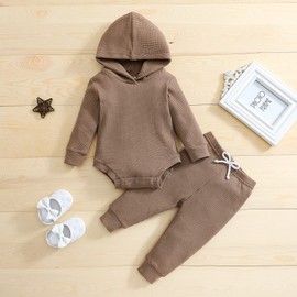 Thorn Tree Newborn Unisex Baby Clothes Set Hooded Long Sleeve Bodysuit Stretchy Pants Girl Boy Cotton Ribbed Outfits Fall Winter (Coffee Hooded Suit,0-3 Months)