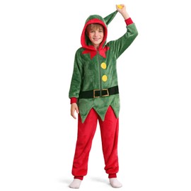 IIMMER Christmas Big Kids Holiday Xmas Ugly Elf Onesie Santa's Helper costume Hodded Red and Green 14 Years