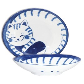 Made in Japan SET of 2 Japanese Porcelain Oval Dinner Dish Plates Tabby Cat 7.75"L x 6.25"W