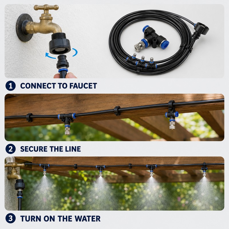 Outdoor Patio Misting System, 20–59 ft with 6–26 Brass Nozzles