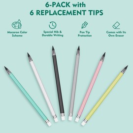 Zytnix Infinity Pencil 6-Pack with 6 Replacement Tips: Everlasting, Inkless Writing Pencils in Assorted Colors with Erasers