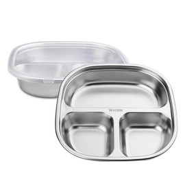 Thatyro 2 PCS 316 Stainless Steel 3 Compartments Plates with Lids, Metal Divided Plates Tray, Sectioned Plates Dishes Dinnerware Set for Food Portion Control Lunch Dinner Adult Home School (2)