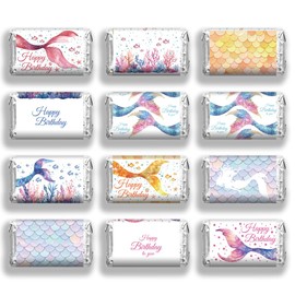 arricraft 120 Pcs Candy Bar Wrappers, Happy Birthday Theme Mini Candy Wrapper Stickers Seaweed Coral Mermaid Pattern Self Adhesive Candy Stickers for Birthday Party Gift Decoration Sticker Supplies