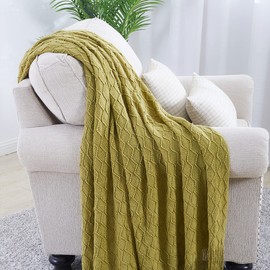 BOURINA Textured Solid Soft Sofa Throw Couch Cover Knitted Decorative Blanket (Olive Green, 50x60 inches)