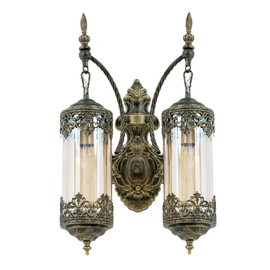 RONGHUAFUGUI Rustic Wall Sconce with Amber Glass Vintage 2-Lights Antique Gothic Wall Light Fixture Retro Mid Centry Lantern Wall Sconce for Bedroom, Living Room, Mirror, Brush Gold, E12