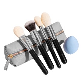 Nuvea Set de Brochas para Maquillaje de Viaje - Kit de 4 Brochas Profesionales y 1 Esponja con Estuche Portátil, Ideal para Uso Diario y Retoques (BEIGE)