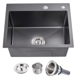 MENATT Commercial 22 X 18 Inch Drop in Single Bowl Kitchen Sinks, 22 inch SUS304 Stainless Steel Handmade Topmount Kitchen Sink (Black)