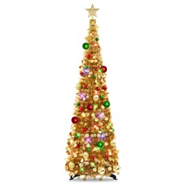 N&T NIETING Pop Up Christmas Tree with Lights & 30 Balls, 5Ft Collapsible New Gold Tinsel Christmas Tree Decorations, Pencil Christmas Tree Skinny Christmas Tree for Holiday Xmas Home Office Decor