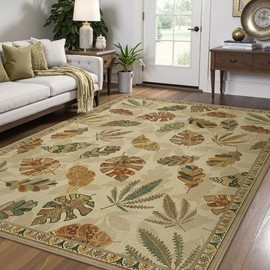 GENIMO 8x10 Area Rugs for Living Room, Machine Washable Non Slip Vintage Retro Rugs, Low Pile Soft Chenille Print Rug for Bedroom, Dining Room, Home Office, Leafy Daylight